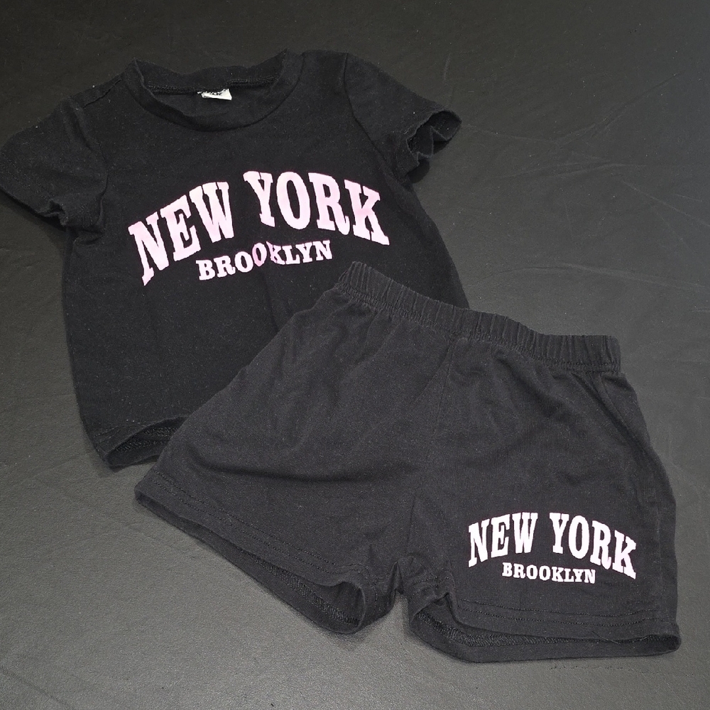 Soft, Black Kids Top And Short Bottoms Set with New York Print In Hot Pink